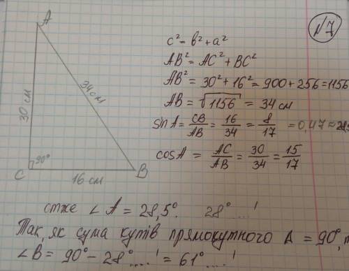 У трикутнику АВС ∠С=90°;АС=30 см; ВС = 16 см. Розвяжіть цей прямокутний трикутник (кути трикутника з