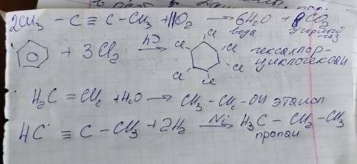 6. Допишіть такі рівняння та назвіть продукти реакції: А) С 4Н 6 + О 2 = Б) С 6Н 6 + 3Сl 2 = В) С 2Н