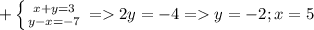 +\left \{ {{x+y=3} \atop {y-x=-7}} \right. =2y=-4 =y=-2 ;x=5