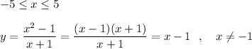 -5\leq x\leq 5\\\\y=\dfrac{x^2-1}{x+1}=\dfrac{(x-1)(x+1)}{x+1}=x-1\ \ ,\ \ \ x\ne -1