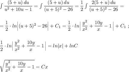 \int \dfrac{(5+u)\, du}{u^2+10u-1}=\int \dfrac{(5+u)\, du}{(u+5)^2-26}=\dfrac{1}{2}\int \dfrac{2(5+u)\, du}{(u+5)^2-26}=\\\\\\=\dfrac{1}{2}\cdot ln\Big|(u+5)^2-26\Big|+C_1=\dfrac{1}{2}\cdot ln\Big|\, \dfrac{y^2}{x^2}+\dfrac{10y}{x} -1\, \Big|+C_1\ ;\\\\\\\dfrac{1}{2}\cdot ln\Big|\, \dfrac{y^2}{x^2}+\dfrac{10y}{x} -1\, \Big|=ln|x|+lnC\\\\\\\sqrt{\dfrac{y^2}{x^2}+\dfrac{10y}{x} -1}=Cx