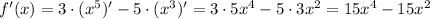 f'(x)=3\cdot(x^{5})'-5\cdot(x^{3})'=3\cdot5x^{4} -5\cdot3x^{2}=15x^{4} -15x^{2}