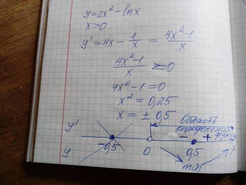 укажите промежутки возрастания и убывания функции y=2x^2 - In x ​