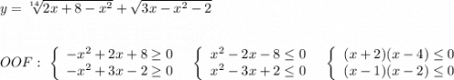 y=\sqrt[14]{2x+8-x^2}+\sqrt{3x-x^2-2}\\\\\\OOF:\ \left\{\begin{array}{l}-x^2+2x+8\geq 0\\-x^2+3x-2\geq 0\end{array}\right\ \ \left\{\begin{array}{l}x^2-2x-8\leq 0\\x^2-3x+2\leq 0\end{array}\right\ \ \left\{\begin{array}{l}(x+2)(x-4)\leq 0\\(x-1)(x-2)\leq 0\end{array}\right