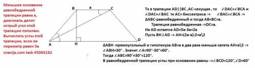 менша основа рівнобічної трапеції дорівнює a, діагональ ділить гострий кут цієї трапеції навпіл. обч