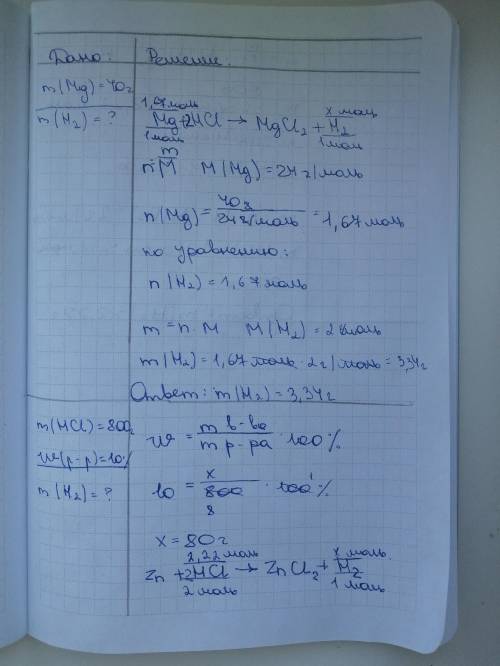 Решите задачи !1. Сколько грамм водорода выделится при взаимодействии 40 г магния с серной кислотой?