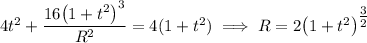 4t^2+\dfrac{16\big(1+t^2\big)^3}{R^2}=4(1+t^2)\implies R=2\big(1+t^2\big)^{\tfrac{3}{2}}