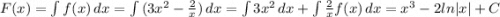 F(x)=\int\limits {f(x)} \, dx =\int\limits {(3x^{2} -\frac{2}{x}) } \, dx=\int\limits {3x^{2} } \, dx+\int\limits {\frac{2}{x} f(x)} \, dx=x^{3} -2ln|x|+C