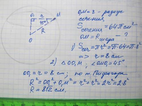 6. Через кінець радіуса кулі проведено переріз, який утворюс з цим радіусом кут 45°. Знайдіть радіус