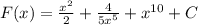 F(x) = \frac{x^2}{2} + \frac{4}{5x^5} + {x}^{10} +C