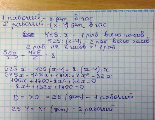 На из­го­тов­ле­ние 425 де­та­лей пер­вый ра­бо­чий тра­тит на 8 часов мень­ше, чем вто­рой ра­бо­чи