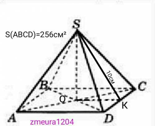 в правильном четырехугольной пирамиде апофема равна 10 см, а площадь основания 256 см в квадрате. на