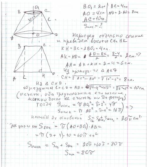 2. Диагональ осевого сечения усеченного конуса равна 10см, радиусы 2см и 4см. Вычислите площадь полн