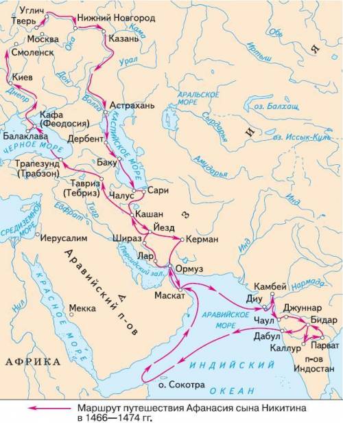Покажите на карте маршруты путешествий Афанасий Никитина, Ерофея Хабарова и Семёна Дежнева​
