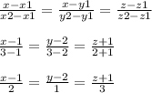 \frac{x-x1}{x2-x1}= \frac{x-y1}{y2-y1}=\frac{z-z1}{z2-z1}\\\\\frac{x-1}{3-1}= \frac{y-2}{3-2}=\frac{z+1}{2+1}\\\\\frac{x-1}{2} =\frac{y-2}{1} =\frac{z+1}{3} \\