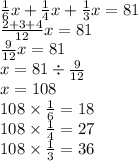 \frac{1}{6} x + \frac{1}{4} x + \frac{1}{3} x = 81 \\ \frac{2 + 3 + 4}{12} x = 81 \\ \frac{9}{12} x = 81 \\ x = 81 \div \frac{9}{12} \\ x = 108 \\ 108 \times \frac{1}{6} = 18 \\ 108 \times \frac{1}{4} = 27 \\ 108 \times \frac{1}{3} = 36