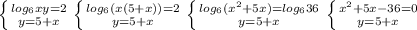 \left \{ {{log_{6} xy=2} \atop {y=5+x}} \right. \left \{ {{log_6(x(5+x))=2} \atop {y=5+x}} \right. \left \{ {{log_6(x^2+5x)=log_636} \atop {y=5+x}} \right. \left \{ {{x^2+5x-36=0} \atop {y=5+x}} \right.