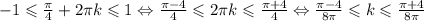 -1\leqslant \frac{\pi}{4} +2\pi k \leqslant 1\Leftrightarrow \frac{\pi - 4}{4} \leqslant 2\pi k \leqslant \frac{\pi + 4}{4}\Leftrightarrow \frac{\pi-4}{8\pi} \leqslant k \leqslant \frac{\pi+4}{8\pi}