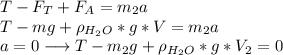 T - F_T + F_A = m_2a\\T - mg + \rho_{H_2O}*g*V = m_2a\\a = 0 \longrightarrow T - m_2g + \rho_{H_2O}*g*V_2 = 0
