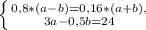 \left \{ {{0,8 * (a - b) = 0,16 * (a + b),} \atop {3a - 0,5b = 24}} \right.