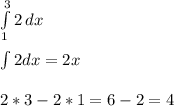 \int\limits^3_1 {2} \, dx \\\\\int 2dx = 2x\\\\2*3 - 2 * 1 = 6 - 2 = 4