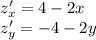 z'_x = 4 - 2x \\ z'_y = - 4 - 2y \\ \\