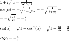 1 + {tg}^{2} \alpha = \frac{1}{ \cos {}^{2} ( \alpha ) } \\ \cos( \alpha ) = - \sqrt{ \frac{1}{1 + {tg}^{2} \alpha } } = - \sqrt{ \frac{1}{1 + \frac{9}{16} } } = \\ = - \sqrt{ \frac{16}{25} } = - \frac{4}{5} \\ \\ \sin( \alpha ) = \sqrt{1 - \cos {}^{2} ( \alpha ) } = \sqrt{1 - \frac{16}{25} } = \frac{3}{5} \\ \\ ctg \alpha = - \frac{4}{3}