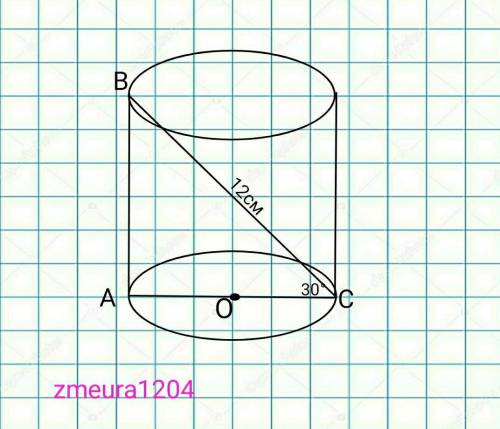 Диагональ осевого сечения цилиндра равна 12 см и обьразует с плоскостью основания угол в 30 градусов