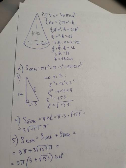 радиус основания конуса равен 3 см, объём конуса равен 36псм3. Найдите площадь полной поверхности ко
