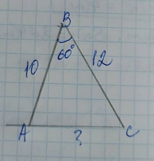 Дві сторони трикутника дорівнюють 12 см і 10 см. Знайти третю сторону, якщо кут між ними дорівнює 60