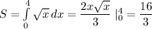 S=\int\limits^4_0 {\sqrt{x}} \, dx =\dfrac{2x\sqrt{x}}{3}\;|_0^4=\dfrac{16}{3}