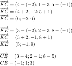 \overrightarrow{KC}=(4-(-2);1-3;5-(-1))\\\overrightarrow{KC}=(4+2;-2;5+1)\\\overrightarrow{KC}=(6;-2;6)\\\\\overrightarrow{KE}=(3-(-2);2-3;8-(-1))\\\overrightarrow{KC}=(3+2;-1;8+1)\\\overrightarrow{KE}=(5;-1;9)\\\\\overrightarrow{CE}=(3-4;2-1;8-5)\\\overrightarrow{CE}=(-1;1;3)