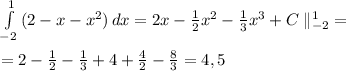 \int\limits^1_{-2} {(2-x-x^2)} \, dx =2x-\frac{1}{2} x^{2} -\frac{1}{3} x^{3}+C\;\|_{-2}^1 =\\\\=2-\frac{1}{2} -\frac{1}{3}+4+\frac{4}{2}-\frac{8}{3}=4,5