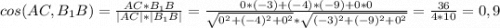 cos(AC, B_{1}B)=\frac{AC*B_{1}B}{|AC|*|B_{1}B|} =\frac{0*(-3)+(-4)*(-9)+0*0}{\sqrt{0^{2}+(-4)^{2}+0^{2}} *\sqrt{(-3)^{2}+(-9)^{2}+0^{2}} } =\frac{36}{4*10} =0,9