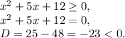 x^{2} +5x+12\geq 0,\\x^{2} +5x+12=0,\\D=25-48=-23