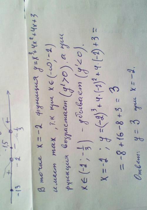 Найдите наибольшее значение функции y= x^3 + 4x^2 +4x +3 на отрезке [-13; -1,5]​