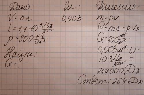 --Определи, какое количество теплоты выделится при кристаллизации 3 л жидкого спирта. Удельная тепло