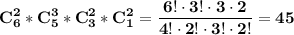 \displaystyle\bf C_6^2*C_5^3*C_3^2 *C_1^2=\frac{6!\cdot3!\cdot3\cdot2}{4!\cdot2!\cdot3!\cdot2!} =45