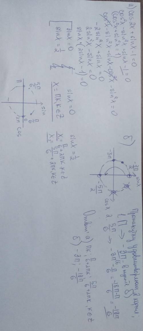 cos2x+sinx-1=0 а)решить уравнение б)найти все корни на отрезке от -7П/2 до -5П/2