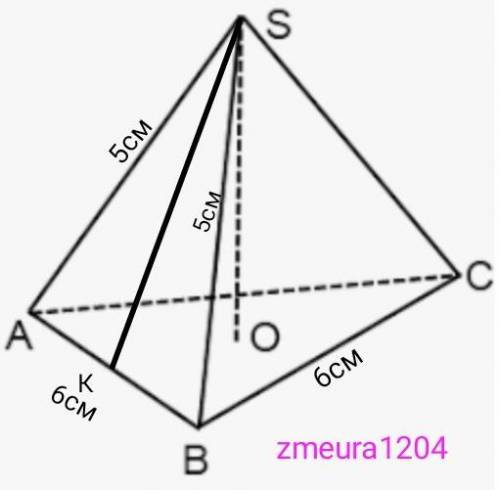 сторона основания правильной треугольной пирамиды 6 см а боковое ребро 5 см Найдите площадь полной п