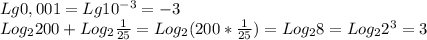 Lg0,001=Lg10^{-3} =-3\\Log_2200+Log_2\frac{1}{25} =Log_2(200*\frac{1}{25} )=Log_28=Log_22^{3} =3