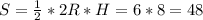 S=\frac{1}{2}*2R*H = 6 * 8 =48