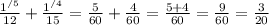 \frac{1^{/5} }{12} + \frac{1^{/4} }{15} = \frac{5}{60} + \frac{4}{60} = \frac{5 + 4}{60} = \frac{9}{60} = \frac{3}{20}