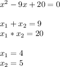 x^2-9x+20=0\\\\x_{1}+x_{2}=9\\x_{1}*x_{2}=20\\\\x_{1}=4\\x_{2}=5\\