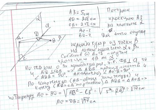 Відрізок довжиною 5 см спирається кінцями на дві взаємно перпендикулярні площини. Проекції відрізка