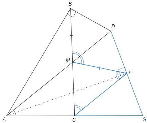 В треугольнике ABC медиана AM делит угол BAC в соотношении 1:2. Точка D лежит на продолжении AM, так