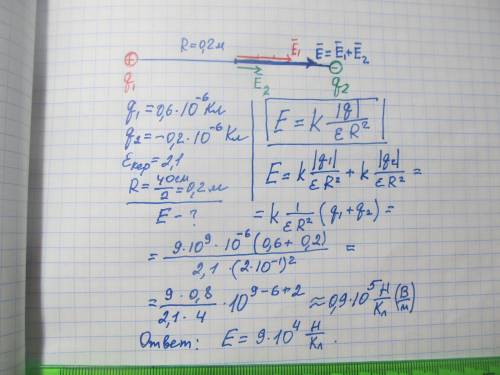 Два заряди 0,6 мкКл і -0,2мкКлрозташовані в гасі на відстані 40 смодин від одного Визначити напружен