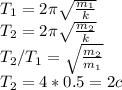 T_1=2\pi \sqrt{\frac{m_1}{k} }\\T_2=2\pi\sqrt{\frac{m_2}{k}}\\T_2/T_1=\sqrt{\frac{m_2}{m_1} } \\T_2=4*0.5=2 c