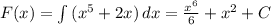 F(x) = \int {(x^5 + 2x)} \, dx =\frac{x^6}{6} + x^2 + C