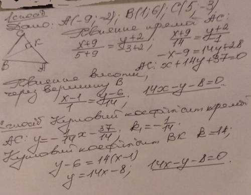 Дан треугольник ABC A(-9;-2) B(1;6) c(5;-3) найти уравнение высоты вк